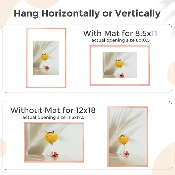 12x18 Metal Picture Frame for Wall With Mat for 8.5x11, 12''x18'' Aluminum Photo Frames With Tempered Glass for Home Decor, Minimalist Modern Poster Frame Horizontally & Vertically, 3 PCs, Rose Gold