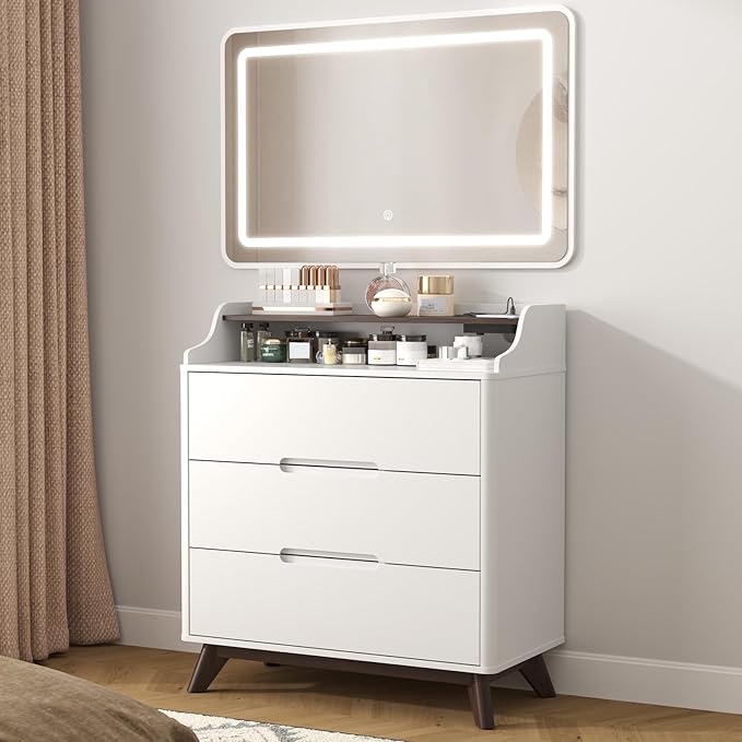 3 Drawer Dressers for Bedroom, 32" Large Wood Storage Dresser & Chest of Drawers with Charging Station, Wide Modern Dressers with 3 Drawer Storage Organizer for Bedroom Living Room Closet, White