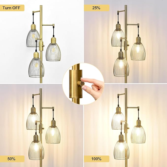 Dimmable Floor Lamp, 3 x 800LM LED Edison Bulbs Included, Farmhouse Industrial Floor Lamp Standing Tree Lamp with Elegant Teardrop Cage Tall Lamps for Living Room Bedroom Office Dining Room-Brass