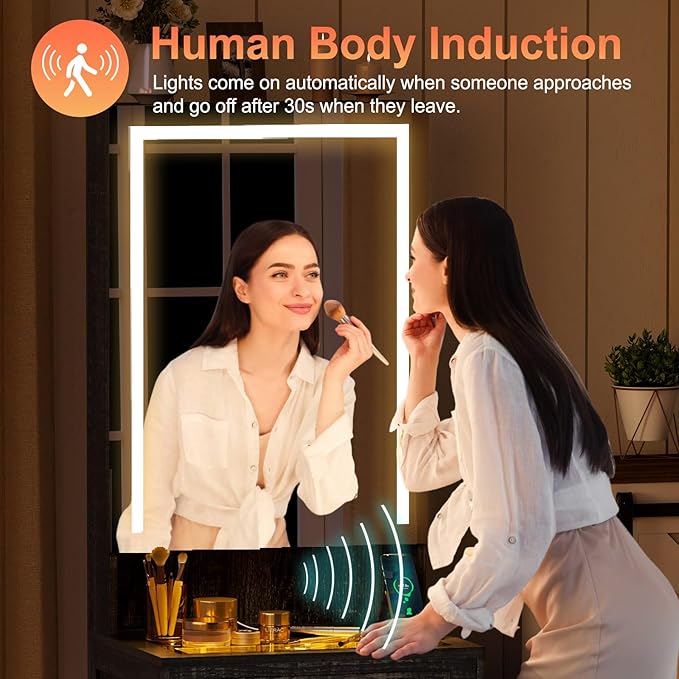 Makeup Vanity Desk with Mirror and Lights,Small Vanity Desk Set with Charging Station & Glass Top,Compact Dressing Table with Jewelry Cabinet & Storage Wheel Stool for Bedroom, Rustic Brown