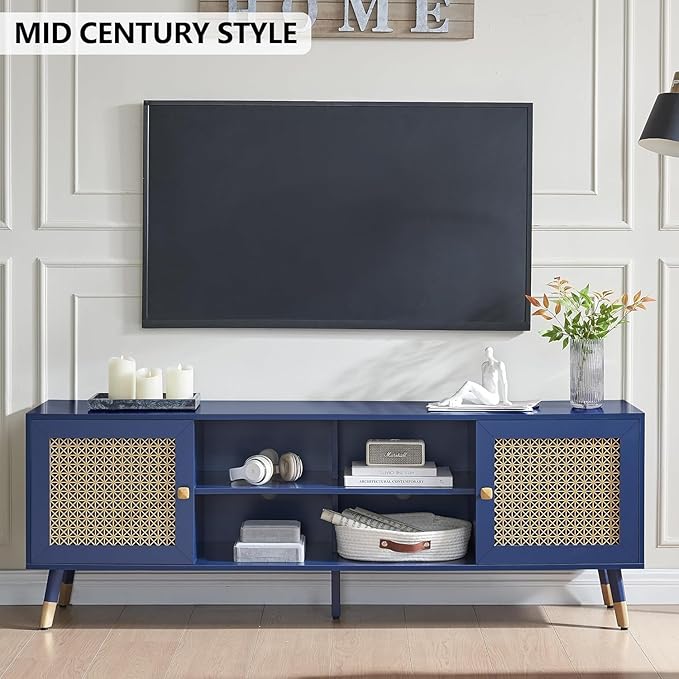 Mid Century Modern Entertainment Center, Blue TV Stand for TVs up to 75", Boho Tv Furnitures with Storage Cabinet and Shelves, Tv Console Media Center with Gold Metal Mesh Doors for Living Room