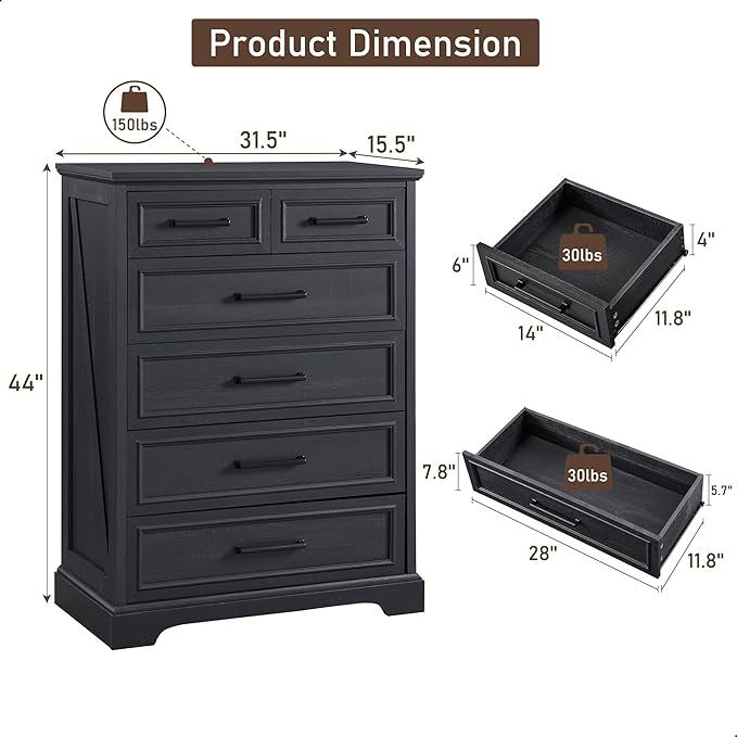 6 Drawer Dresser, Farmhouse Chest of Drawers for Bedroom, 44" Tall Dresser with Large Metal Handles, Wood Drawer Organizer for Living Room, Hallway, Closet - Black