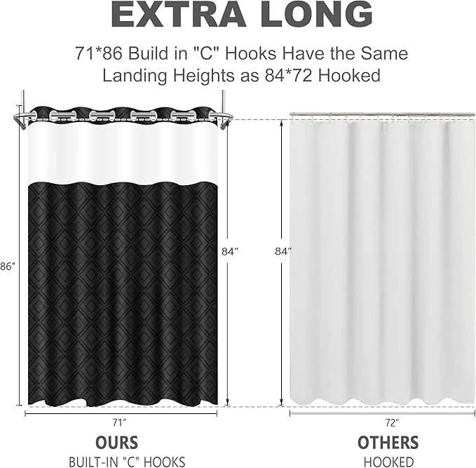 No Hook Shower Curtain Set with Snap in Liner, Black Jacquard Tufted Geometric Bath Curtain, Boho Luxury Hotel Bathroom Decor, Waterproof Washable, 71 x 86 Inch