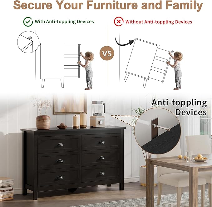 Black Dresser for Bedroom, Farmhouse 6 Drawer Double Dresser with Vintage Antique Handles, Modern Dressers and Chest of Drawers for Bedroom