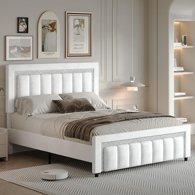 HOMBCK Full Size Bed Frame, Full Bed Frames with Upholstered Headboard, Princess Platform Bed with Diamond Design and Wooden Slats Support, No Box Spring Needed, Easy Assembly, White