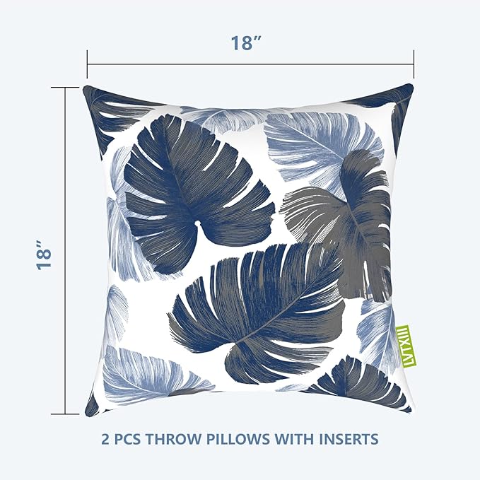 LVTXIII Outdoor/Indoor Throw Pillows, Decorative Throw Pillows with Inserts, 18"x18" Square Pillows for Bed, Couch, Sofa and Patio Furniture (Set of 2, Monstera Blue)