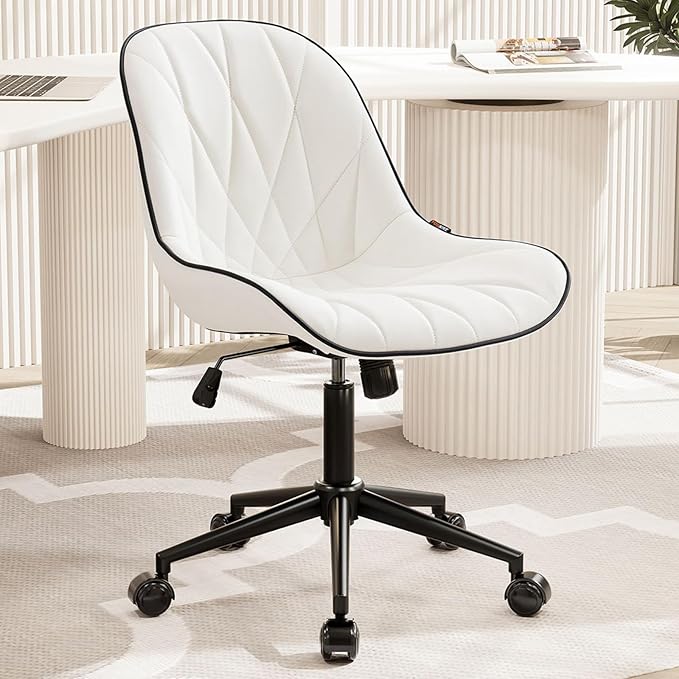 Rowill Modern Office Chair - Ergonomic Swivel Leather Desk Chair with Curved Backrest, Height Adjustable Rolling with Wheels, Perfect for Study Room & Office, White