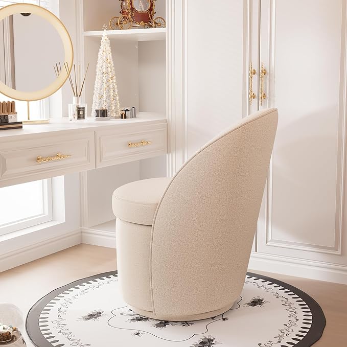 YOUNIKE Vanity Bench Boucle Fabric Oatmeal Solid Wood Swivel Accent Chair with Backrest Easy Assembly Dressing Stool for Bedroom & Makeup Room