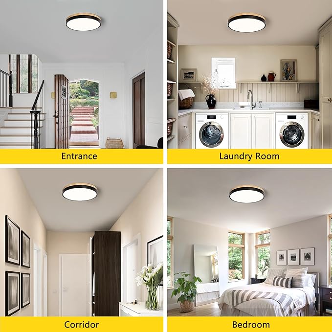Modern Wood Ceiling Light,Round LED Flush Mount Ceiling Light,Minimalist Ceiling Lamp Black Ceiling Lighting Fixtures for Kitchen Bedroom Laundry Room Living Room Entryway Hallway&11.81 in