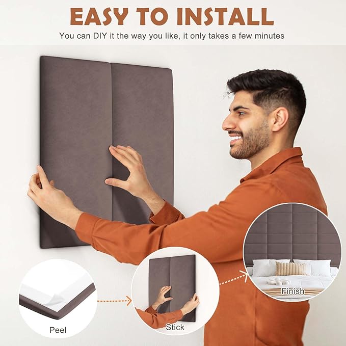 iNOW Wall Mounted Upholstered Headboard King, 3D Peel and Stick Soundproof Wall Panels, Reusable and Removable Padded Leather Bed Headboard, 12 Panels 9.84" x 23.62", Dark Skin