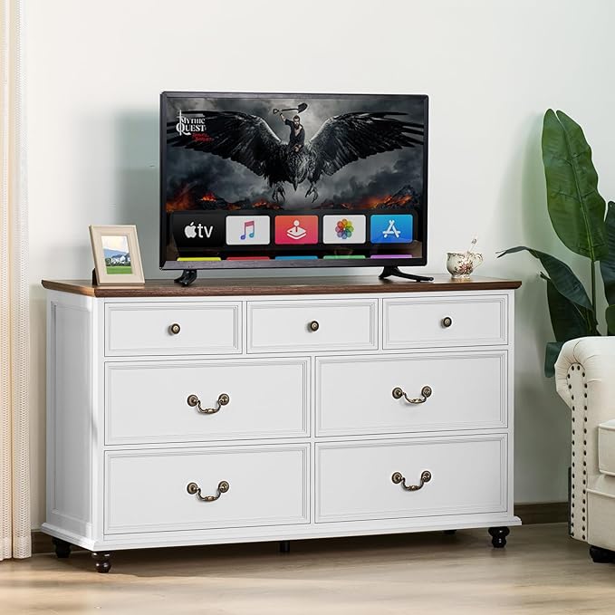 Farmhouse 54" 7 Drawers Dresser for Bedroom, White Wood Chest of Drawers w/ 4 Wooden Legs, Vintage Closet Storage Dressers Organizer for Hallway, Rustic Large TV Stand for Living Room, Foyer