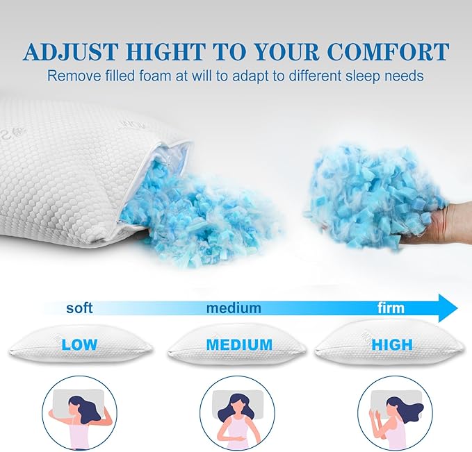 King Size Pillows Set of 1 Adjustable Shredded Memory Foam, Cooling Pillow for Side Sleeper, Firm Supportive Bed Pillows for Sleeping, Washable Removable Pillowcase（20x36）