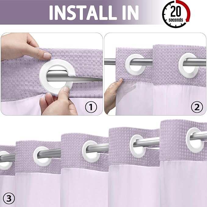 YellyHommy No Hook Shower Curtain with Snap in Liner Set Less Time Waffle Shower Curtain for Bathroom (Lavender, 81" L x 72" W)