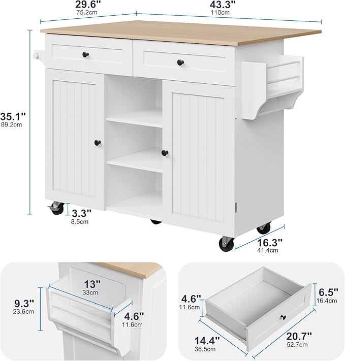 Kitchen Island On Wheels, Rolling Kitchen Island Cart with Drop Leaf and 2 Drawers, Mobile Kitchen Table Storage Cabinet with Tower Rack and Spice Rack for Dining Room, Kitchen, White