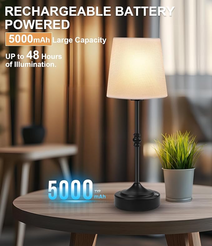 Cordless Lamp Rechargeable LED Table Lamp, 5000mAh Battery Operated, 3 Level Brightness, Portable Night Bedside Lamp, Ambient Desk Light for Home Decor, Patio, Restaurant, Dinning