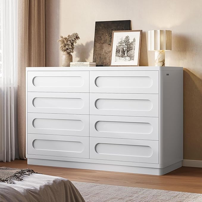 White Dresser for Bedroom with 8 Drawers, 47.2" Wide Dresser for Closet with Deep Drawer, Large Wood TV Stand, Modern Chest of Drawers for Bedroom, Hallway