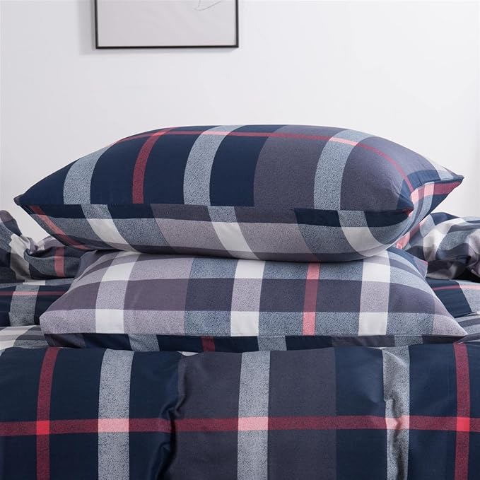 CLOTHKNOW Blue Plaid California King Comforter Set 3Pcs Tartan Bedding Comforter Sets Soft All Season Blue White Grey Grid Comforter with 2 x Pillow Cases