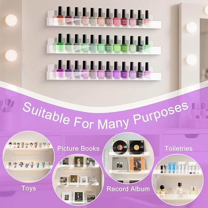 6 Pack Wall Mounted Acrylic Nail Polish Organizer Rack 15 Inch Clear Nail Polish Shelf with Removable Ends Multi-Purpose Shelf for Essential Oils Cosmetics Storage Display for Salon Bathroom