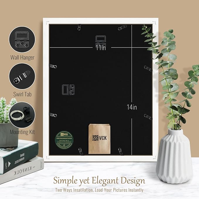 VCK 11x14 Picture Frame, White Wood 14 x 11 Diploma Document Frames, Home or Gallery Wall Hanging, 2 Pack