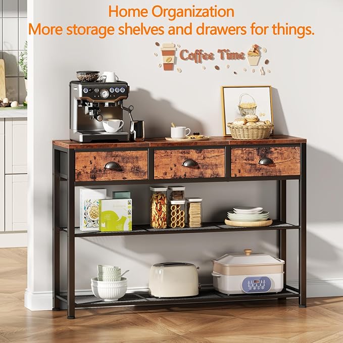 Furologee Entryway Table, 38'' Console Sofa Table with 3 Fabric Drawers, Industrial Entry Way Table with Storage Shelves, Display Shelf for Living Room, Hallway, Entrance, Foyer, Rustic Brown