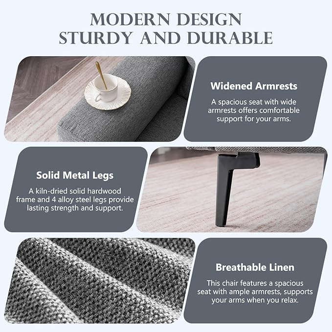 CDCASA Accent Chair, Linen Fabric Oversized Mid Century Modern Chair Set of 2, Comfy Upholstered Armchair Reading Accent Chairs Sofa Chairs for Bedroom Living Room, Dark Grey