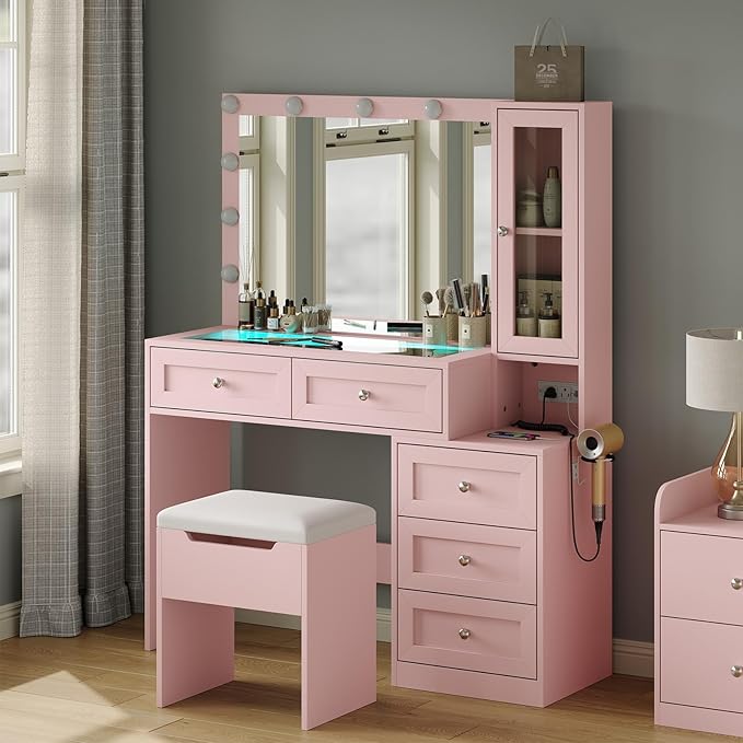 Pink Vanity Desk with Illuminated Mirror & Power Outlet,Vanity with RGB Light Strip and 12 LED Lights,Vanity Table with Chair,Set 3 Lighting Modes Brightness Adjustable