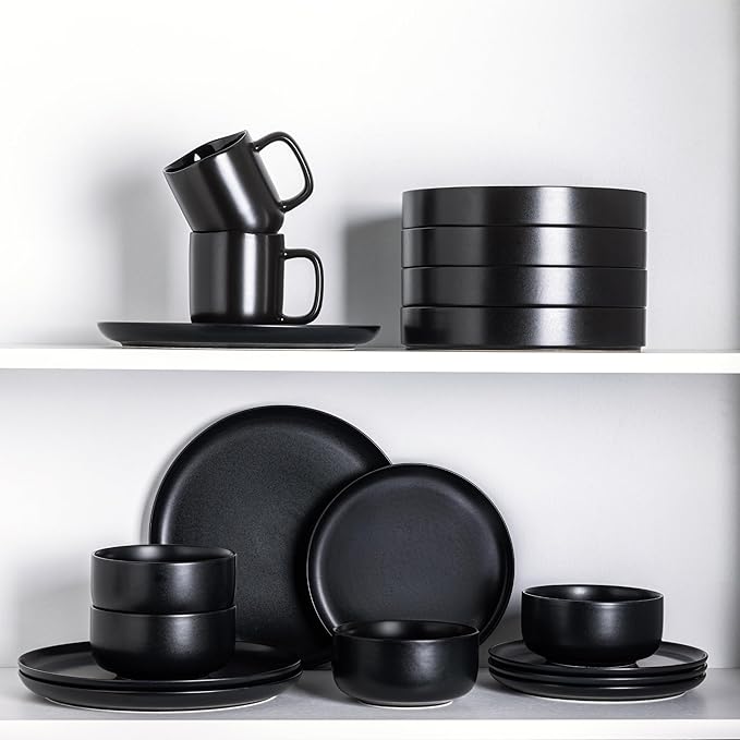 LERATIO Stoneware Dinnerware Sets for 4,Handcarft Ceramic Plates and Bowls Sets,Chip and Scratch Resistant Dishes, Dishwasher & Microwave Safe, Oven safe,Reactive Glaz-Black