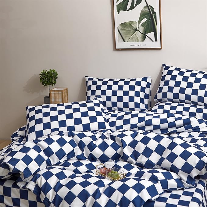 CLOTHKNOW Blue White Plaid Queen Comforter Set 3Pcs Grid Bedding Comforter Sets Checkerboard Comforter Royal Blue White Queen Size Comforter with 2 Pillowcases