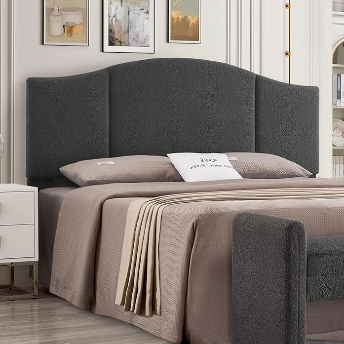 24KF Middle Century Upholstered Foldable King Headboard, Modern Boucle Teddy Fabric, California King, Dark Gray