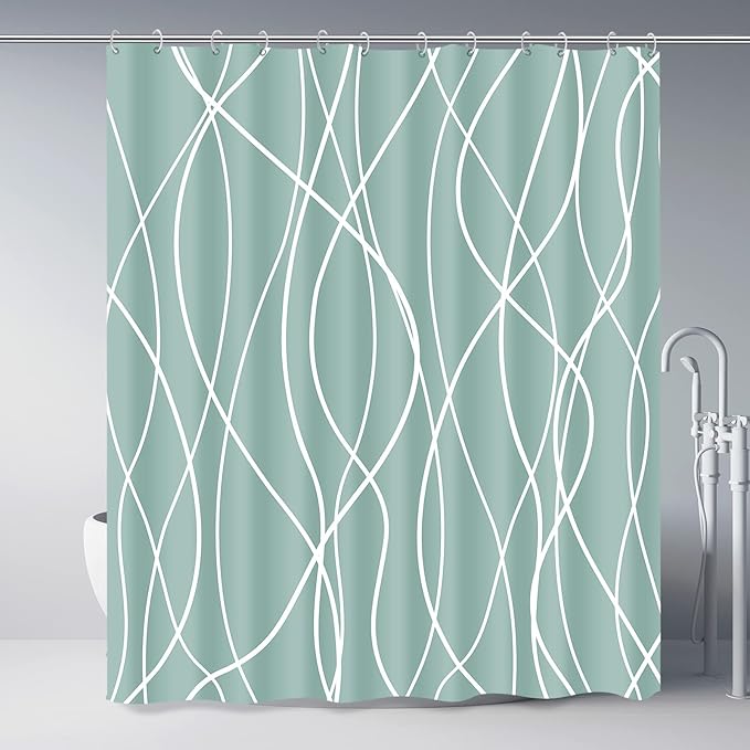 Punkray Light Green Shower Curtain for Bathroom with Hooks Shower Curtain Set, White Stripe Bath Curtains Decorative Shower Curtains Water Repellent Washable, 72 x 72