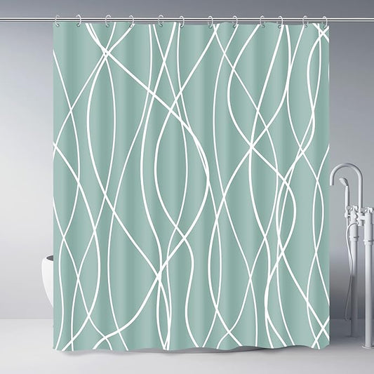 Punkray Light Green Shower Curtain for Bathroom with Hooks Shower Curtain Set, White Stripe Bath Curtains Decorative Shower Curtains Water Repellent Washable, 72 x 72