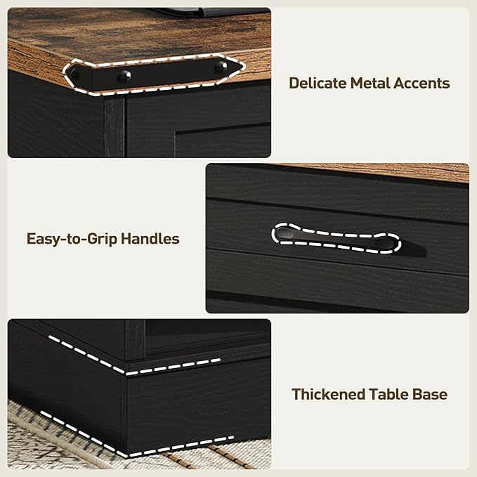 47" Farmhouse Coffee Table with Storage and 2 Drawers, Large Rustic Center Table with Sliding Barn Doors & Open Compartments, Wooden Coffee Table for Living Room, Black and Rustic Brown