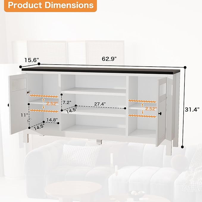 Tv Stand for Living Room: 63" Tv Entertainment Center with Storage, White Media Console Cabinet with 2 Doors, Suitable for 50-70 Inch Television（White）
