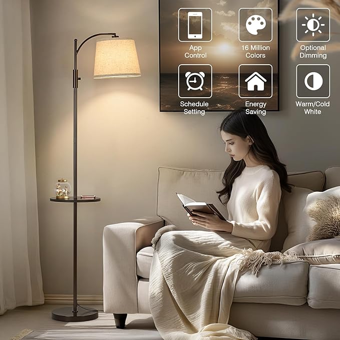 AIDENOEY Smart Floor Lamp with Side Table | Stepless Dimming, RGB Multi-Color | Adjustable Swivel Head | Voice Control with Alexa & Google Assistant |Brown Lamp for Living Room,Bedroom,Home Office