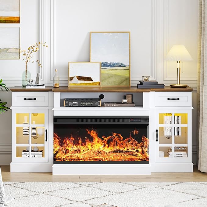 oneinmil 70" Fireplace TV Stand with 3-Sided Glass Electric Fireplace, Farmhouse Wood Entertainment Center with LED Lights, 36" Fire Place TV Stands with Storage Cabinet for Living Room, White