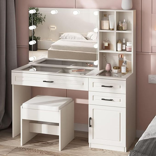 Fameill White Vanity Desk with Mirror and Lights,Glass Top Vanity Table with 3 Drawers and Cabinets,Large HD Mirror Makeup Desk,3 Lighting Modes, Brightness Adjustable,45 in(L)