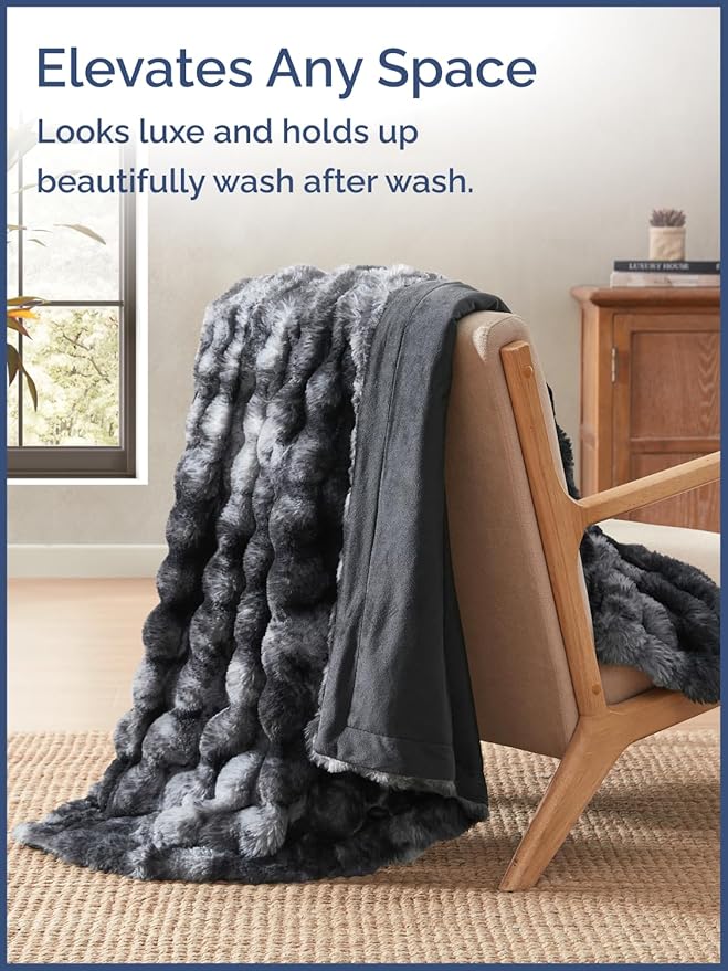 Fluffy Throw Blanket King Size - Faux Fur Throw for Couch or Bed - Plush Soft Extra Thick Faux Fur Rabbit Blanket - Cozy, Warm & Breathable - Luxury Minky Tie Dye Bedding - 90" x 108", Marble Black