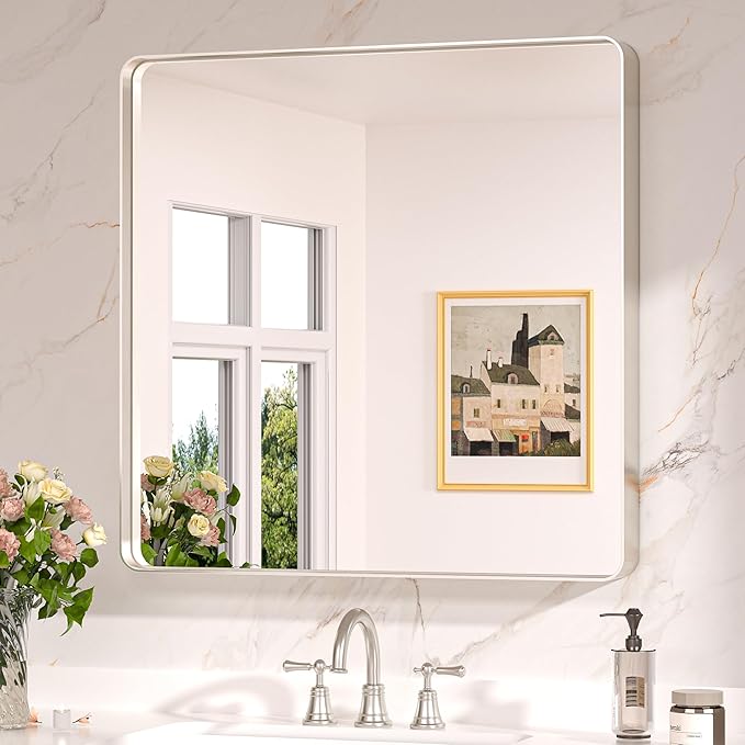 Keonjinn 30 x 30 Inch Brushed Nickel Bathroom Mirrors for Over Sink, Rounded Rectangle Silver Bathroom Vanity Mirror, Square Farmhouse Mirror for Wall, HD Tempered Glass, Aluminum Alloy Frame
