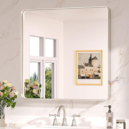 Keonjinn 30 x 30 Inch Brushed Nickel Bathroom Mirrors for Over Sink, Rounded Rectangle Silver Bathroom Vanity Mirror, Square Farmhouse Mirror for Wall, HD Tempered Glass, Aluminum Alloy Frame