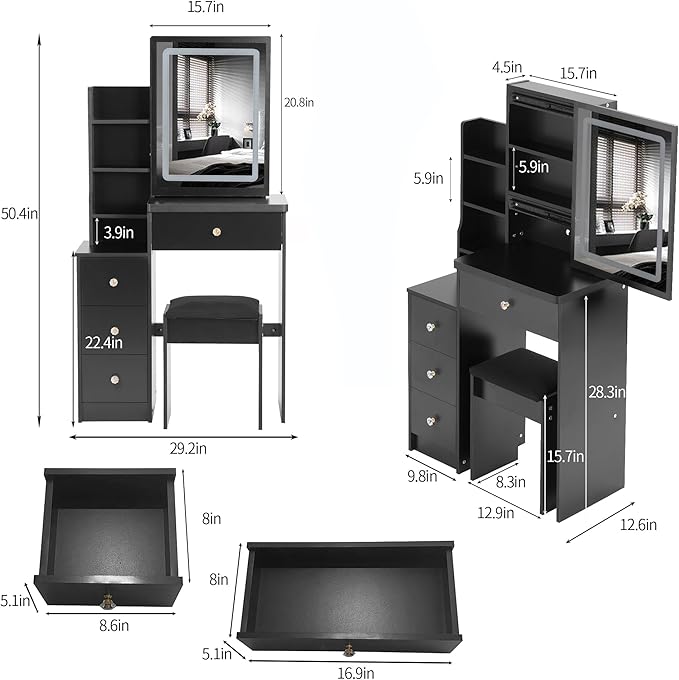 29.2" Small Vanity Desk with Mirror and Lights, Makeup Table with Led Lights and Sliding Mirror, 3 Lighting Colors, Vanity Set with Drawers and Stool for Small Space and Bedroom, Black