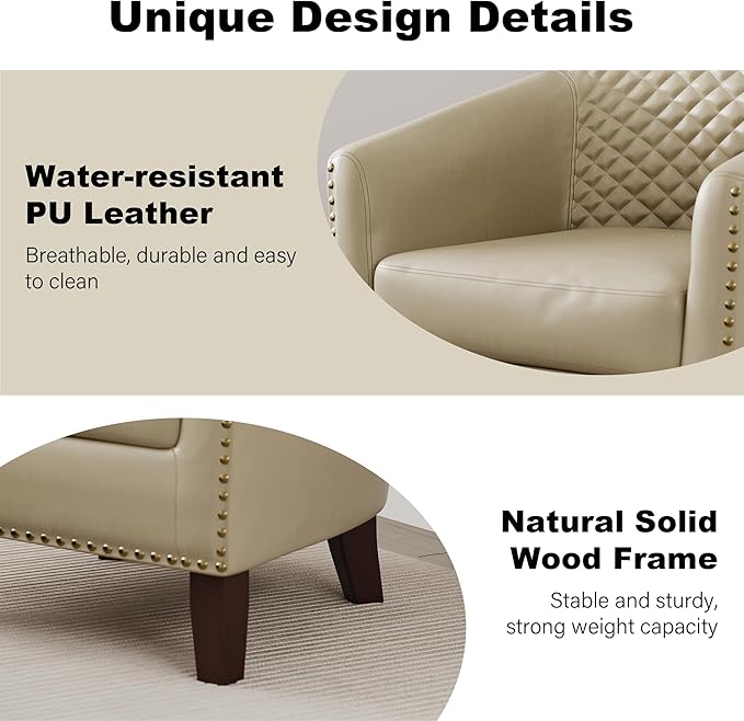 Accent Barrel Chair, Upholstered Faux Leather Club Chair with Nailed Trim, Comfy Reading Armchair for Living Room Bedroom Reception Room Office (Beige, Set of 2)