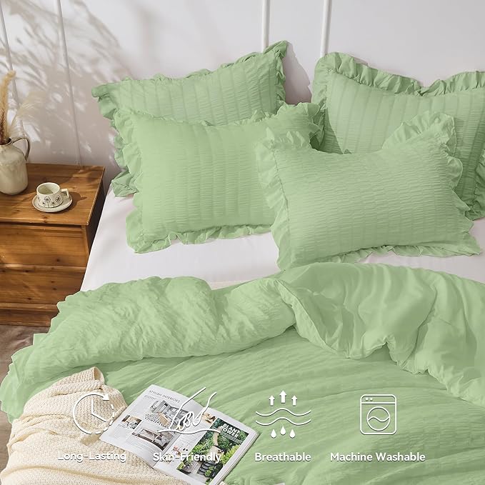 JOLLYVOGUE Sage Green Queen Comforter Set, 3 Pieces Seersucker Comforters Queen Size, Lightweight & Fluffy Bedding Sets Queen for All Season with 1 Ruffle Comforter and 2 Ruffle Pillowshams