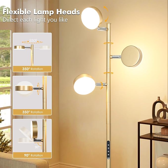 Tree Floor Lamp for Living Room - Modern Glod Standing Lamp, LED Floor Light with Remote & Touch, 3000K-6000K Dimmable for Bedroom Office Reading (3 Head)