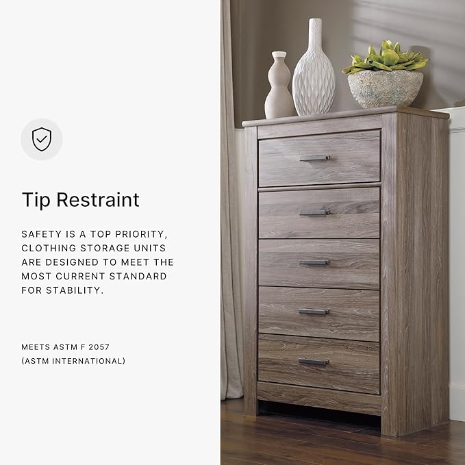 Signature Design by Ashley Zelen Rustic Contemporary 5 Drawer Chest of Drawers, Warm Gray