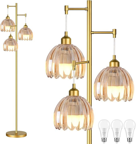Gold Floor Lamps for Living Room Bedroom-3 Light Glass Floor Lamp with Three Led Bulb, Rustic Tall Floor Lamp Gold Standing Lamp Tree Floor Lamps for Living Room Bedroom,Office,Corner