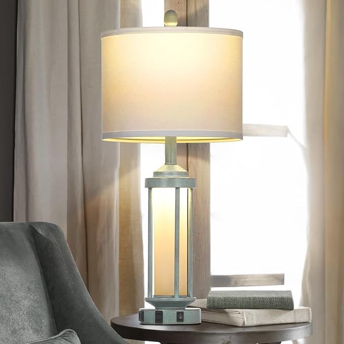 Farmhouse Table Lamps for Living Room, 27" Vintage Rustic Beside Lamp Set of 2 with USB A+C Charging Ports & AC Outlet, Retro Nightstand Lamp with Fabric Shade for Bedroom Entryway(4 Bulbs Included)