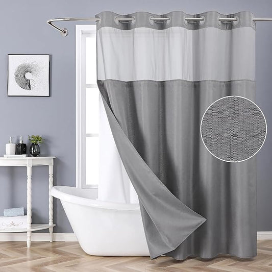 Extra Long No Hook Shower Curtain with Snap-in Fabric Liner Set,Slub Textured Fabric Shower Curtains for Bathroom,Hotel Style Modern Shower Curtain,Water Repellent & Washable,71x86(84),Grey
