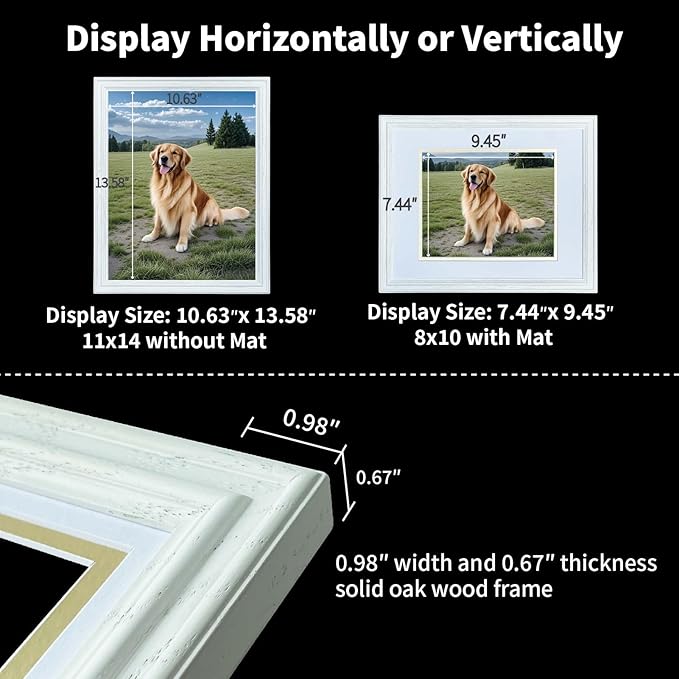 11x14 Picture Frame for Wall Hanging Solid Oak Wood, 8x10 Picture Frame with Mat,11x14 Premium Photo Frame with Real HD Tempered Glass,Ideal for Home Decor, Art Gallery,White, 1 Pack