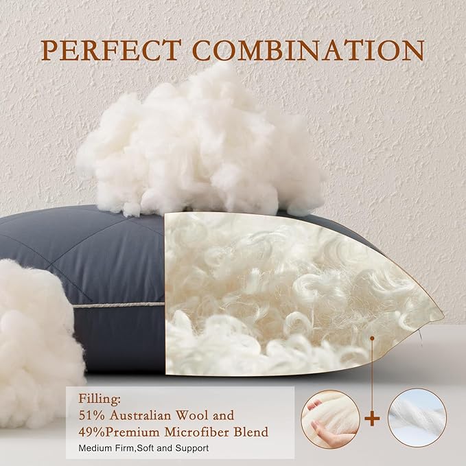 YOUR MOON Organic Wool Pillow Standard Size Set of 2, Soft Support Bed Pillows for Sleeping, Luxury Down Alternative Pillow for Side & Back Sleepers, 100% Cotton Cover, Natural Wool Filling (Gray)
