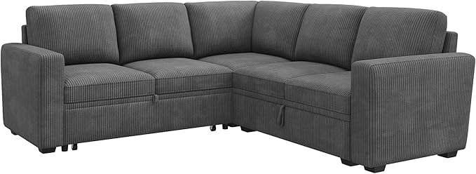 HONBAY Modular Sectional Sleeper Sofa with Pull Out Bed, Corduroy L Shaped Couch with Storage Seats, Convertible Sectional Couches for Living Room, Dark Grey